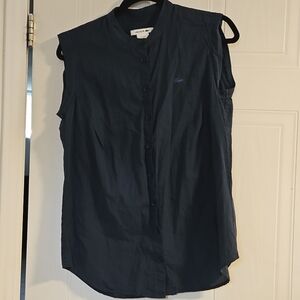 Lacoste Womens Medium sz 38 sleeveless shirt Preppy Navy Silk Cotton Button Down